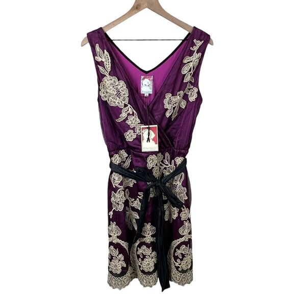 Yoana Baraschi Anthropologie Purple Black Mesh Overlay Embroidered Dress 10 NWT‎ - Picture 1 of 6
